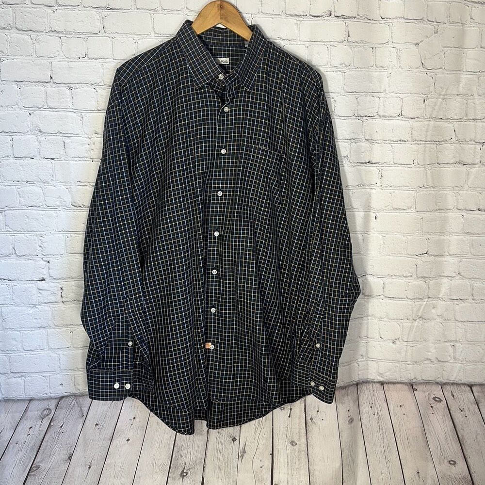 Peter‎ Millar Plaid Cotton Sport Long Sleeve Dress Blue Yellow Gray Shirt XL